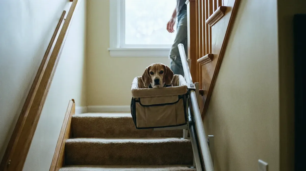 A beagle sitting in a padded carrier that rides on a rail fixed to a staircase