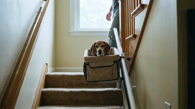 A beagle sitting in a padded carrier that rides on a rail fixed to a staircase