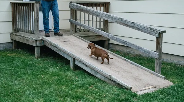 A small dog walking up a carpeted ramp with side rails laid over three porch steps